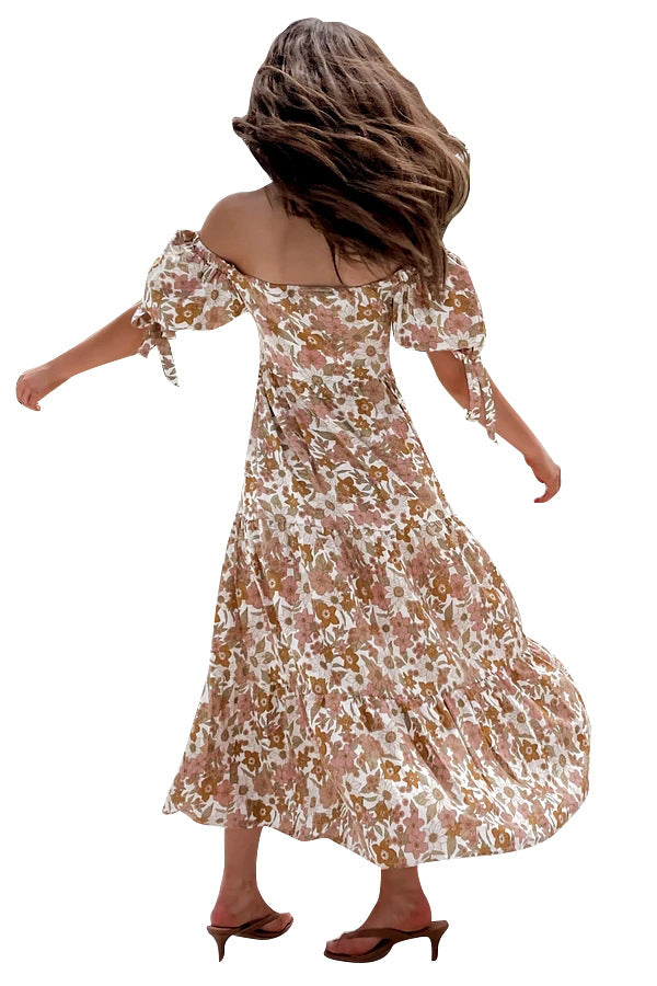 Elegant off-Shoulder Short Sleeve Lace-up Large Maxi Dress for