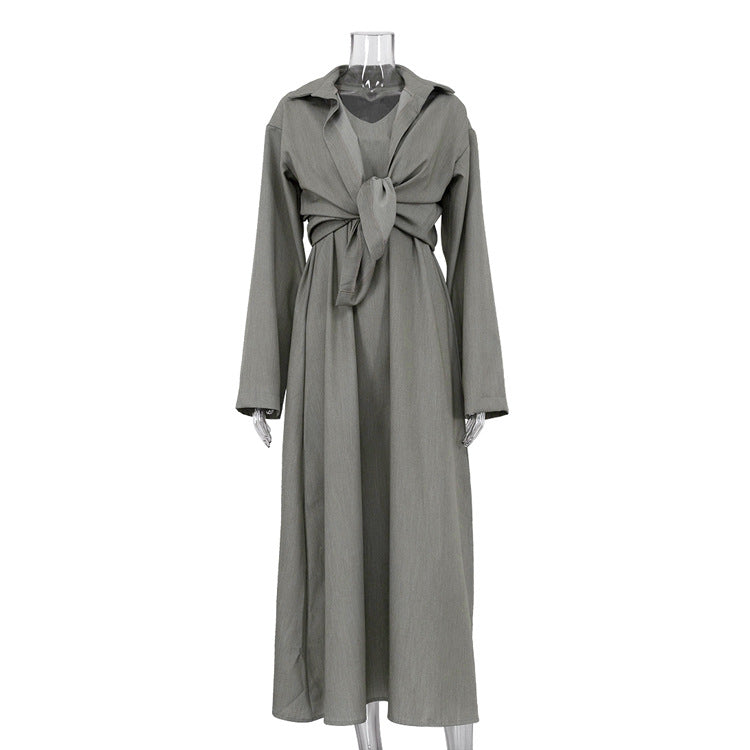 Loose Fitting Long Sleeves Shirt Vest Maxi Dress Two Piece Shirt Skirt Set