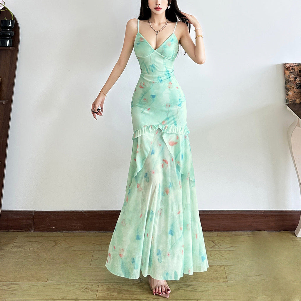 V-neck ruffled fishtail slim maxi dress