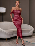 Bandeau One-Shoulder Tight Wine Red Mesh Elegant Evening Party Dress Maxi Dress