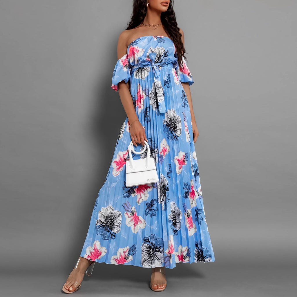off Neck Pleated Printed Slip Shoulder Sleeve Floral Print Maxi Dress