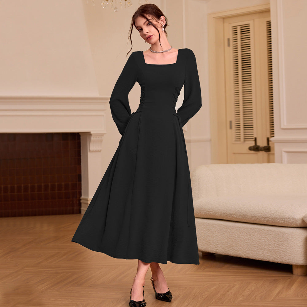 Square Collar Wine Red Dress  Retro Elegant Slim Fit Maxi Dress