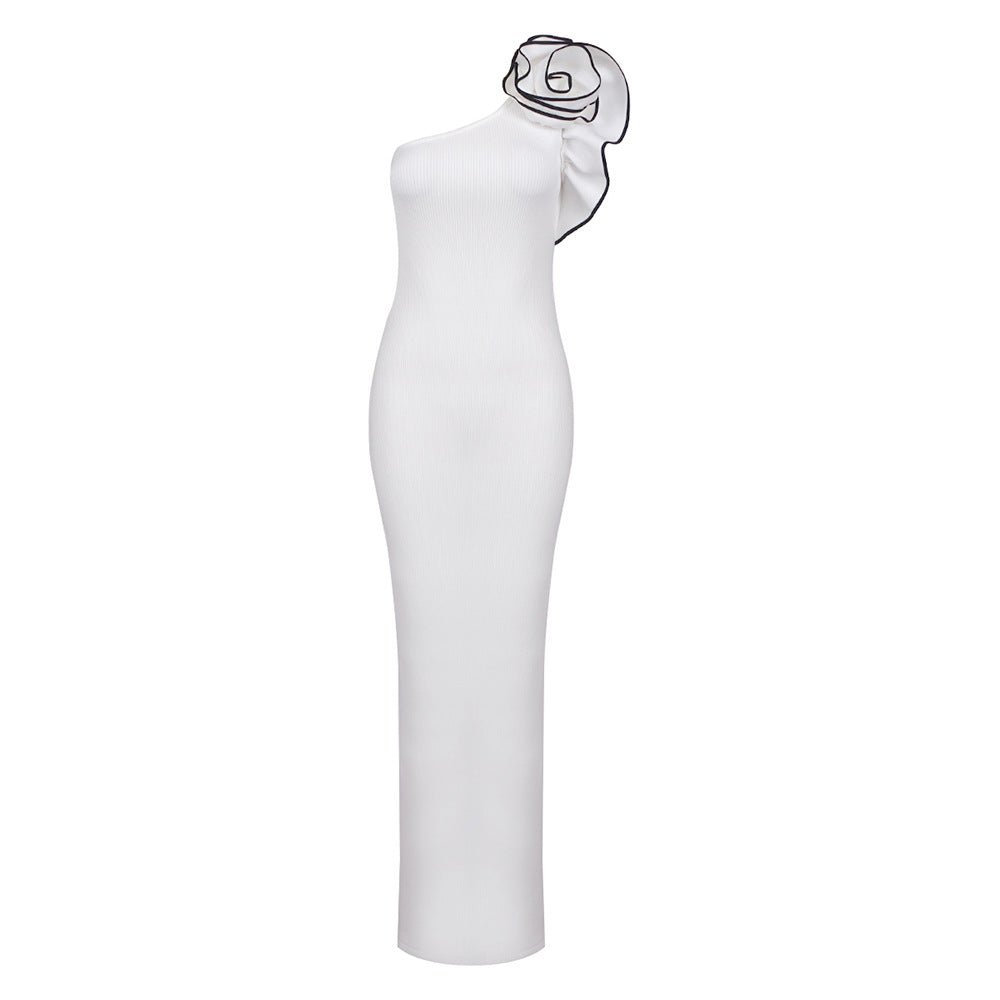 White One Shoulder Floral Black Hook Slim Fit Maxi Dress Backless Dress Bandage Elastic Dress