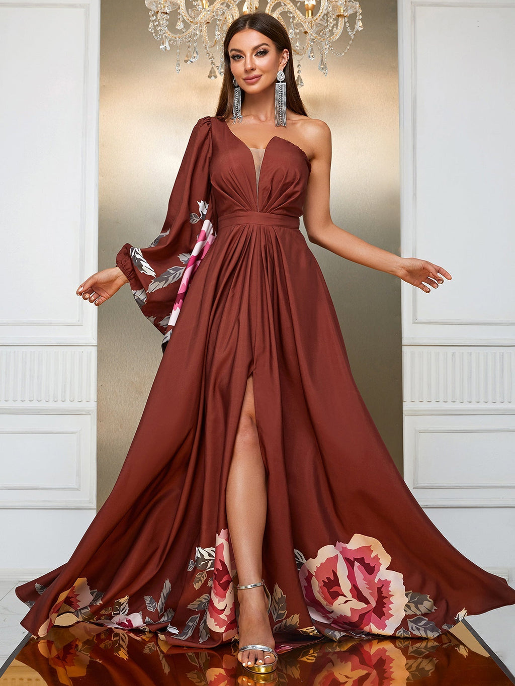 Design Maxi Dress Chiffon Single Sleeve Maxi Dress Split Print Dress
