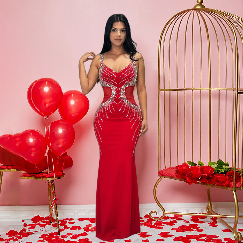 V neck Brace Maxi Dress Slim Fit Rhinestone Sheath Dress