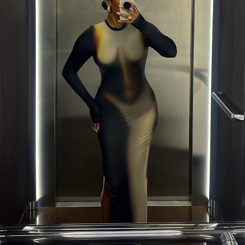 round Neck Long Sleeved Dress Tight Split Maxi Dress
