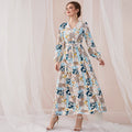 Sweet V-neck Long Sleeve Floral Print High Waist Lace up Slim Fit Fresh Maxi Dress