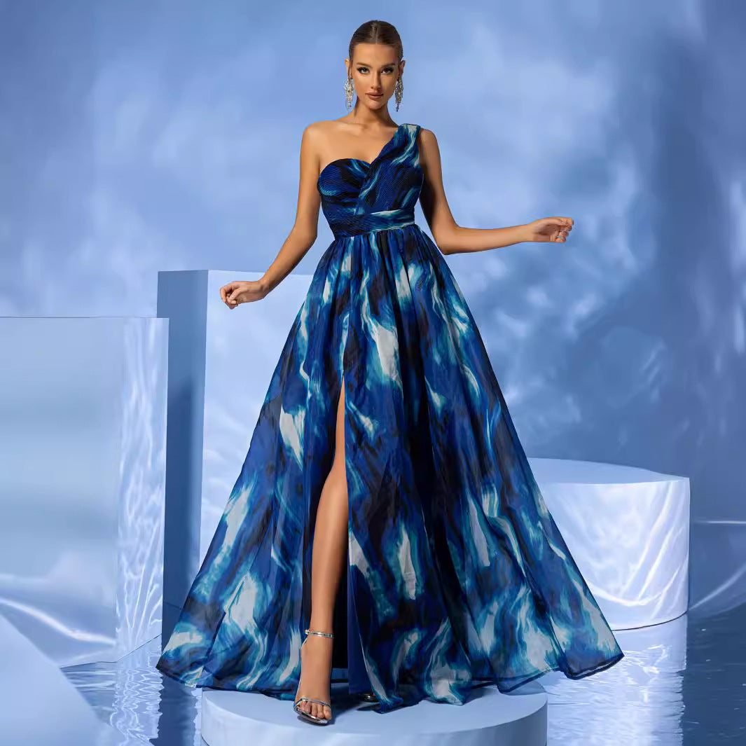 One Shoulder Maxi Dress Tie Dye Print Sleeveless Vacation Split Elegant Dress
