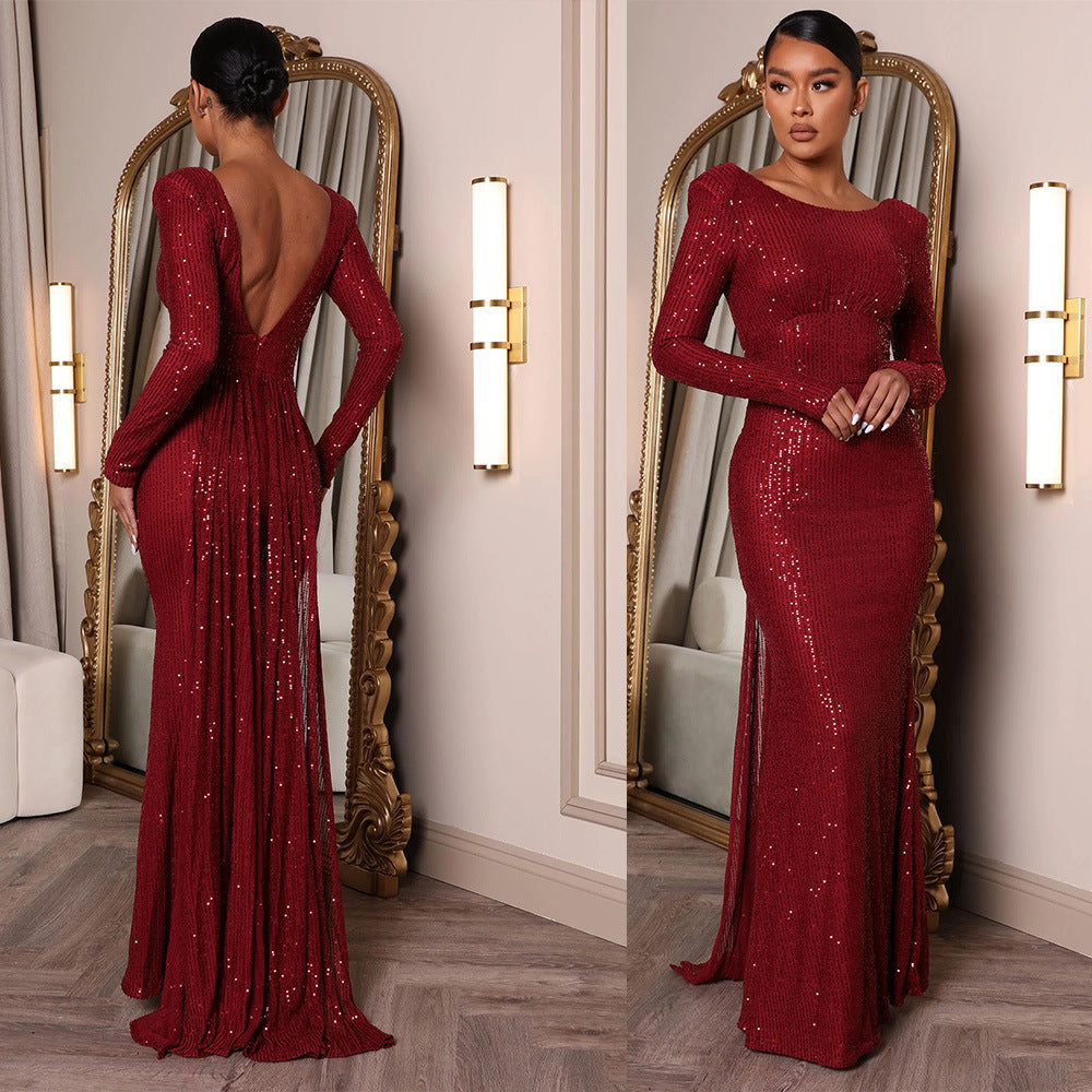 Backless Long Sleeves Slim Fit Slit Cocktail Formal Maxi Dress