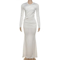 Fall Long Sleeve round Neck See through Solid Color Slim Hip Maxi Dress