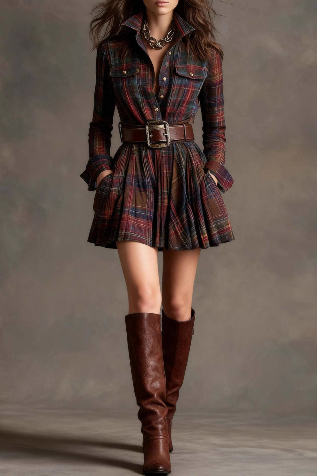 Vintage Lapel Red and Brown Plaid Mini Dress(Includes belt)