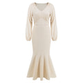 V Neck Long Sleeved Fishtail Dress Waist Slimming Slim Maxi Dress