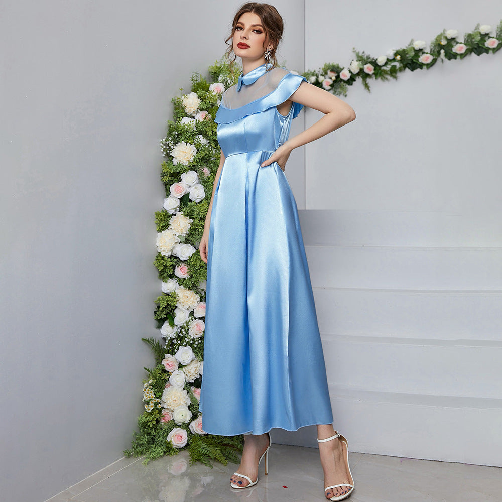 Blue Mesh Maxi Dress High Waist A line Dress