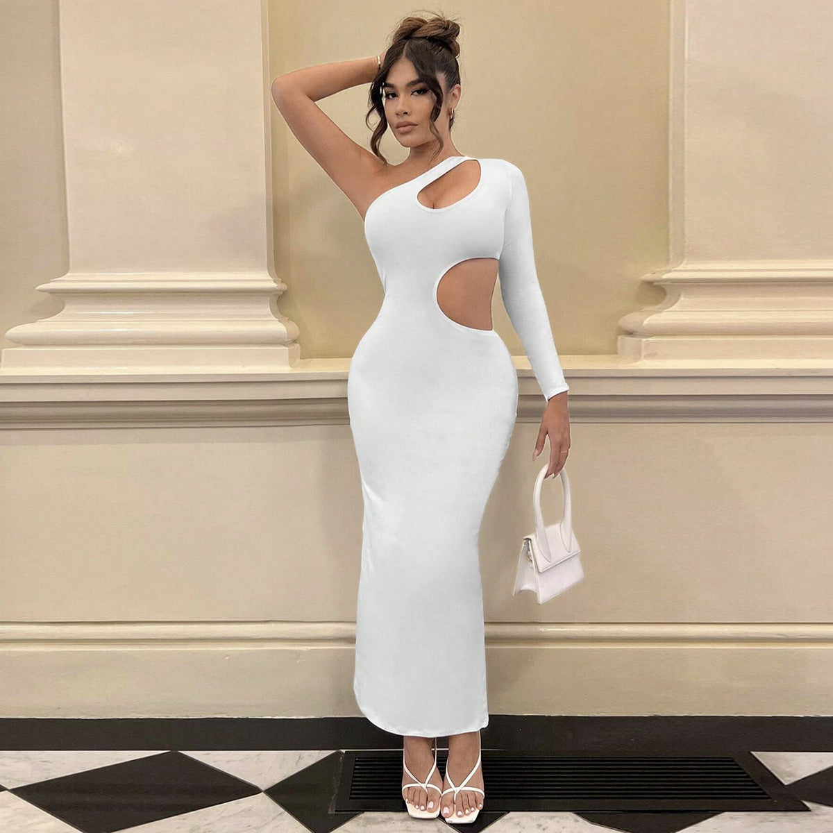 One Shoulder Diagonal Collar Long Sleeve Dress Fall Cutout Maxi Dress