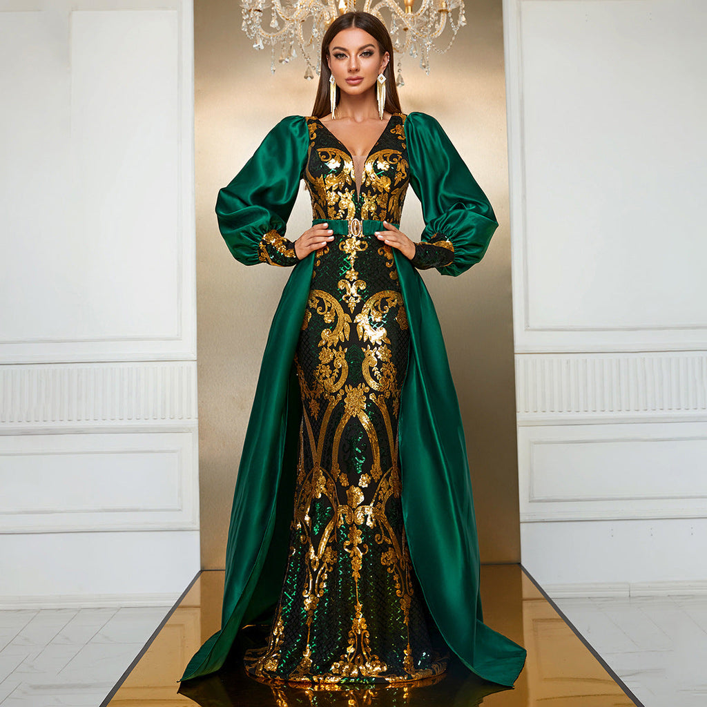 Heavy Industry Dress Sequined Long Sleeve Waist Cloak Party Dress Maxi Dress