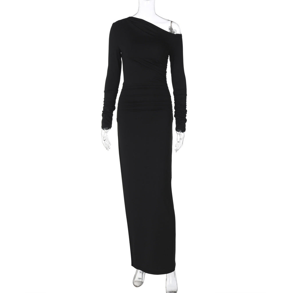 Solid Color Sloping Exposed Shoulder Long Sleeve Office Maxi Dress