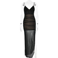 V neck Strap See through Gauze Stitching High Slit Maxi Dress