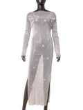 High Split Maxi Dress Mesh Rhinestone Round Neck Dress