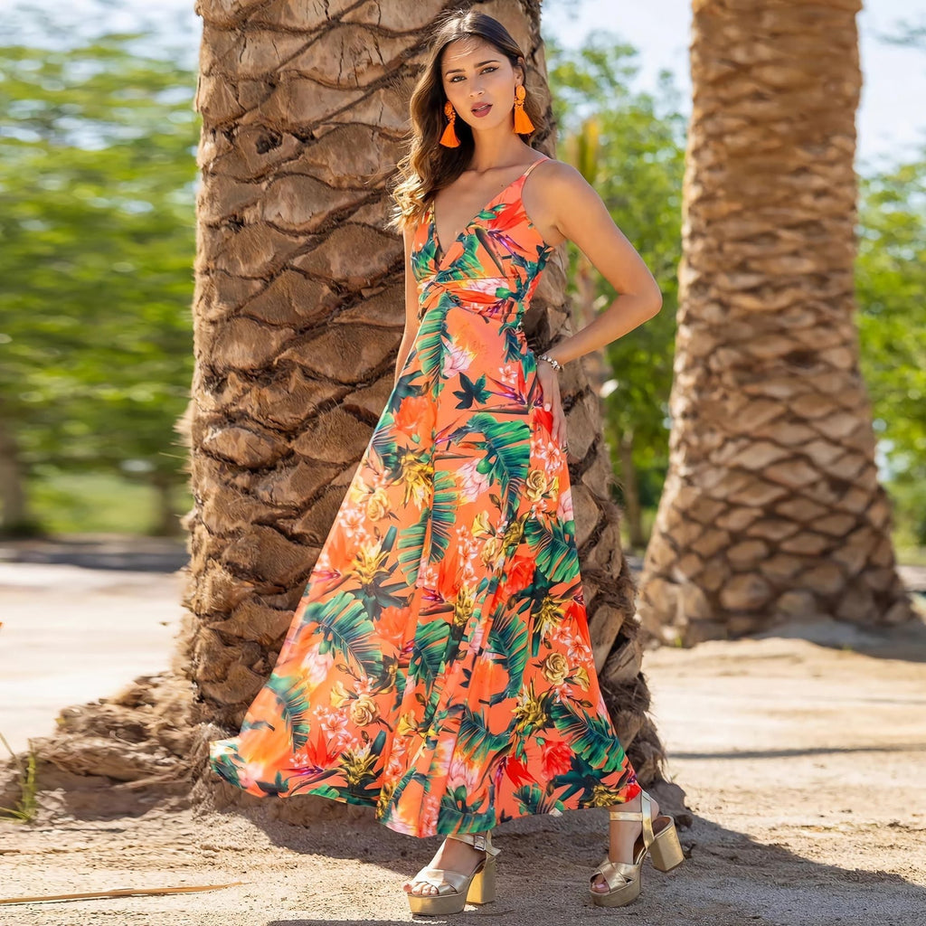 Wear V Neck Brace Printing Elegant A Swing Maxi Dress
