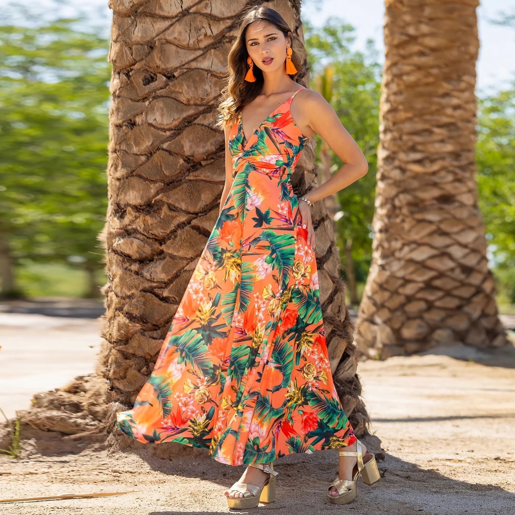 Wear V Neck Brace Printing Elegant A Swing Maxi Dress