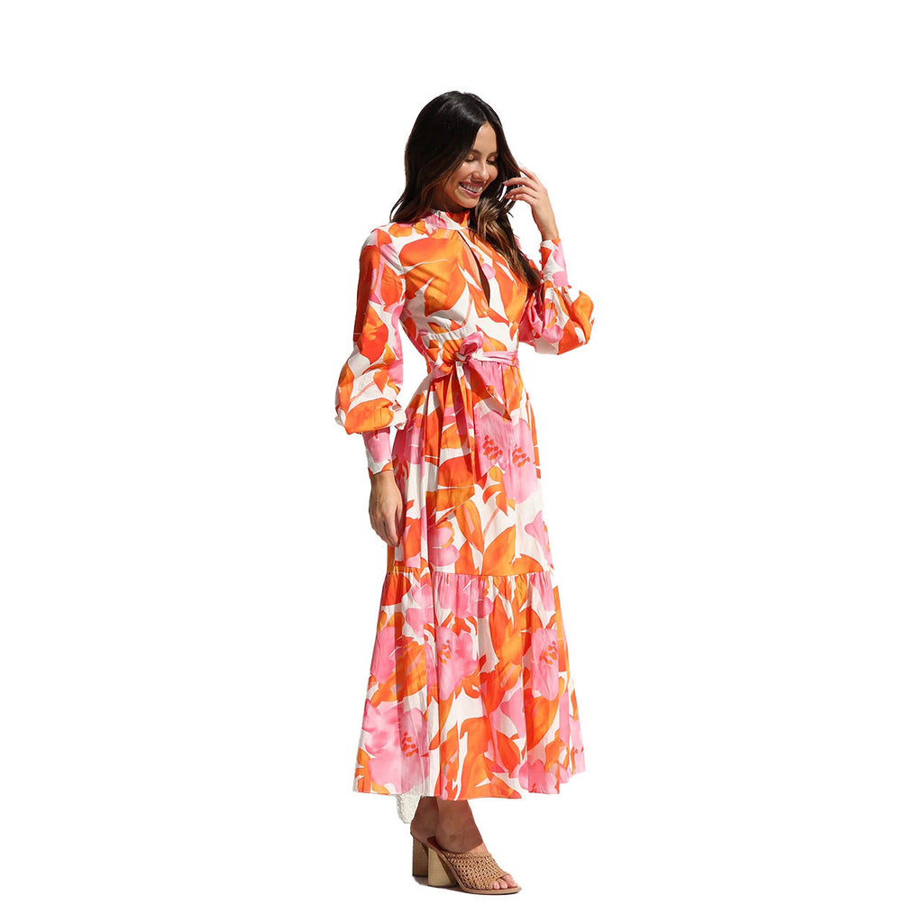 Years Printed Pleated Oversized Swing Waist Lantern Sleeve Maxi Dress