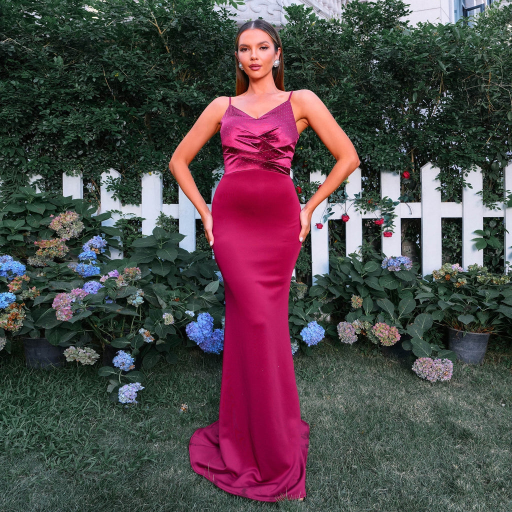 Sleeveless Elegant Solid Color V Neck Tight Waist Sling Sheath Maxi Dress Evening Dress