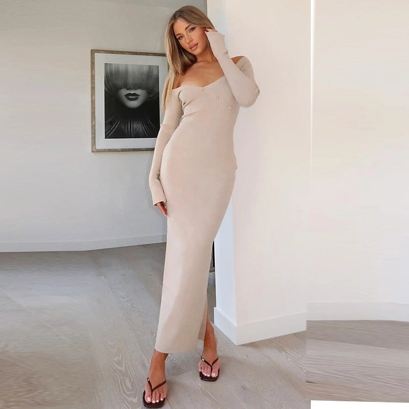 Solid Color Irregular Asymmetric Shoulder Back Slit Maxi Dress