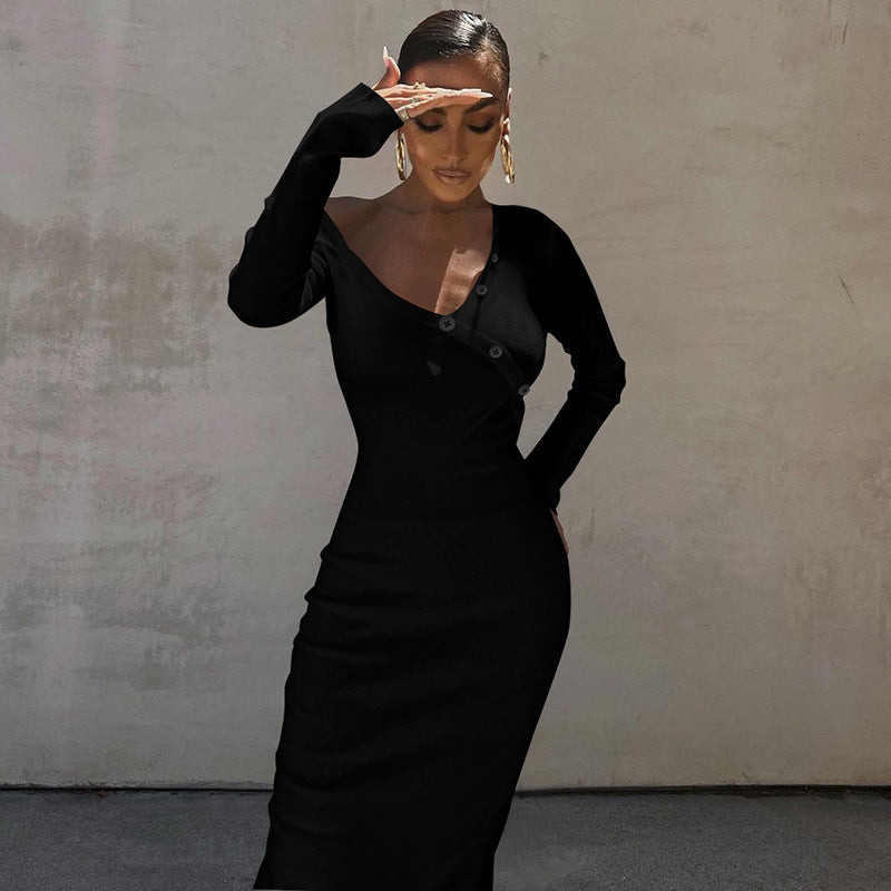 Solid Color Irregular Asymmetric Shoulder Back Slit Maxi Dress