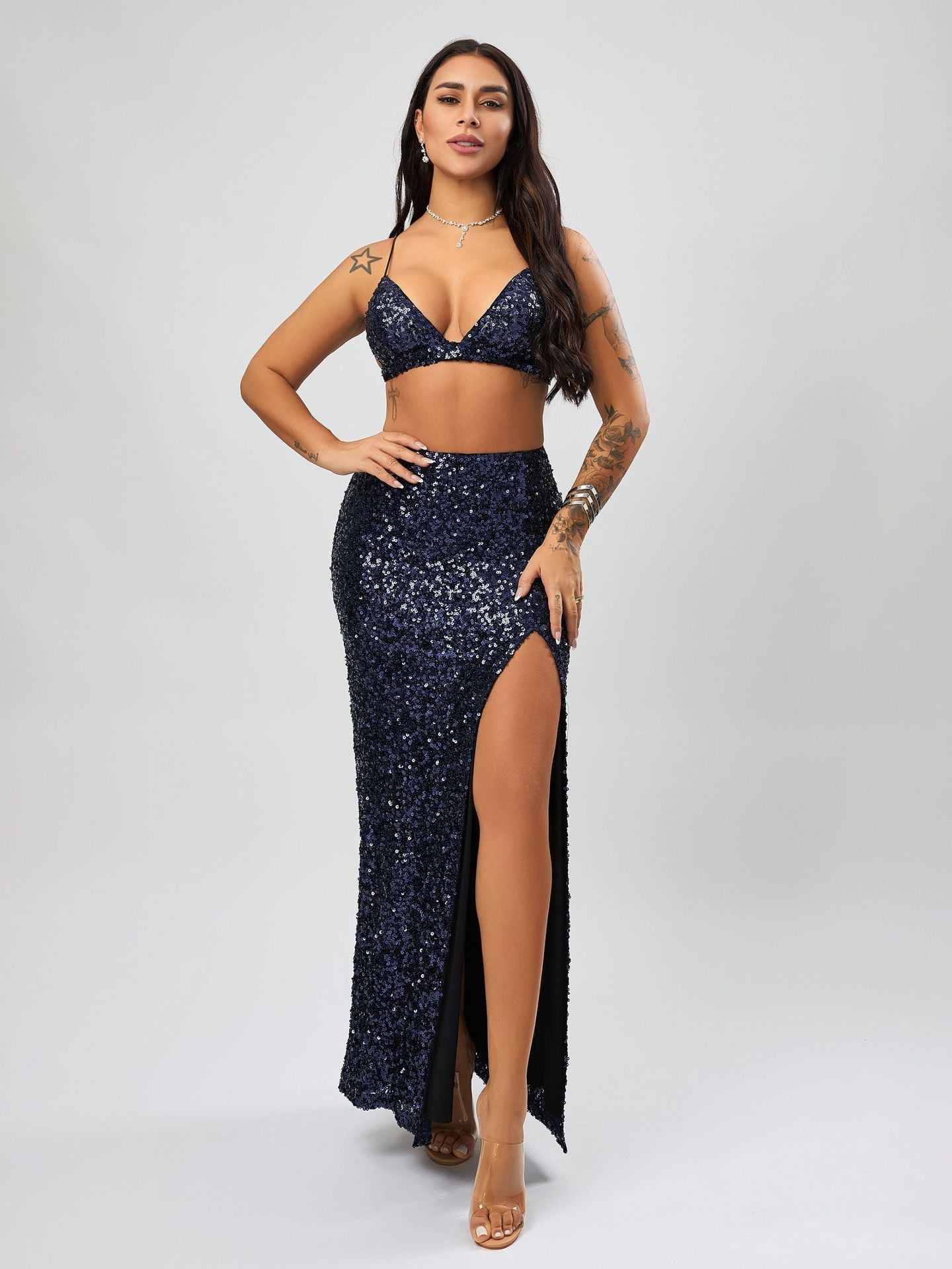 Sequined Maxi Dress High Grade With Chest Pad High Slit Dress