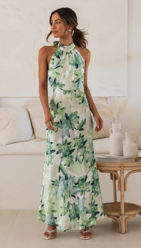Years Personality Bandage Halter Lace up Backless Print Maxi Dress