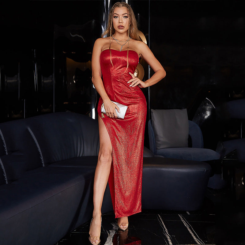 Maxi Dress Red Texture Split Bandeau Maxi Dress