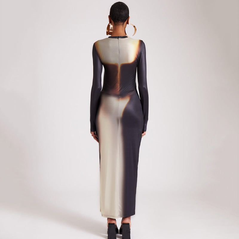 round Neck Long Sleeved Dress Tight Split Maxi Dress
