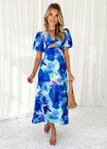 Year Bubble Sleeve Maxi Dress Print V neck Hollow Out Cutout