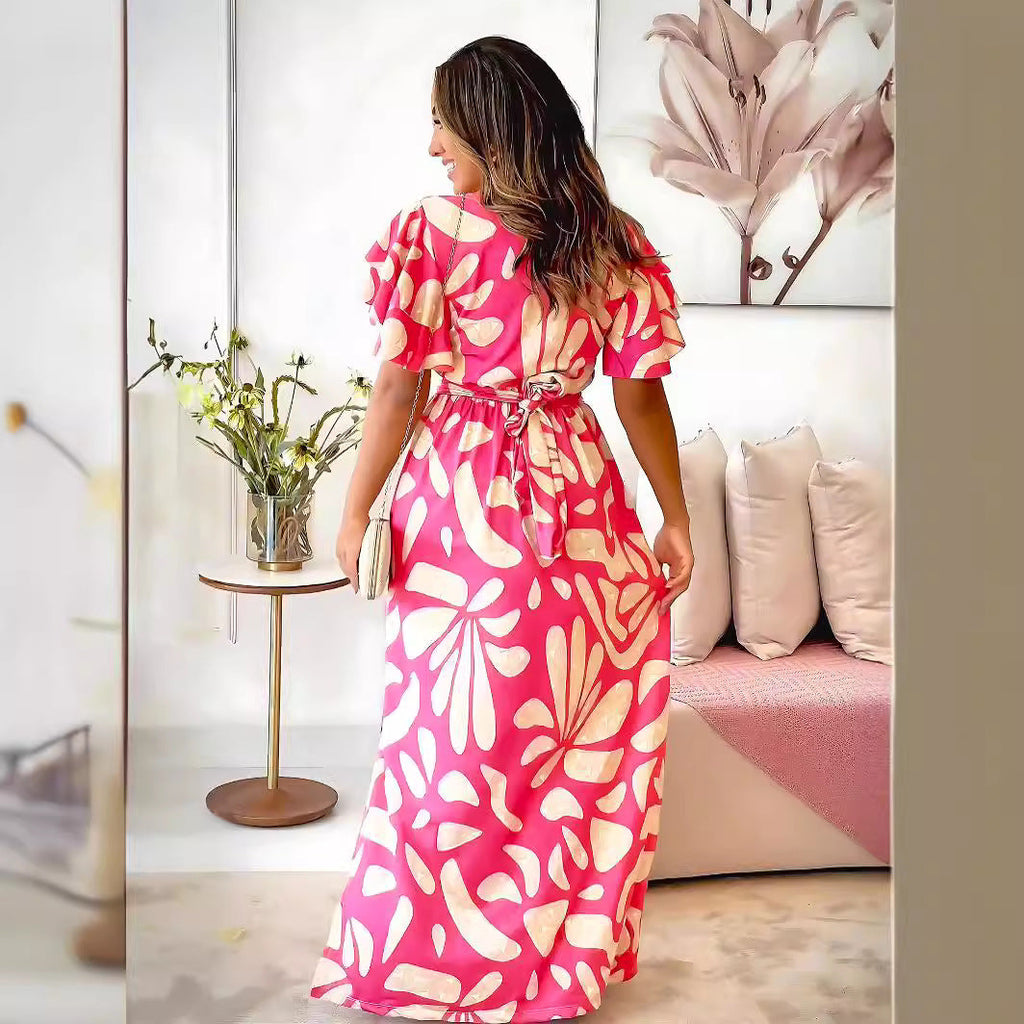Casual Printed Dress Side Slit Stringy Selvedge Short Sleeve Maxi Dress