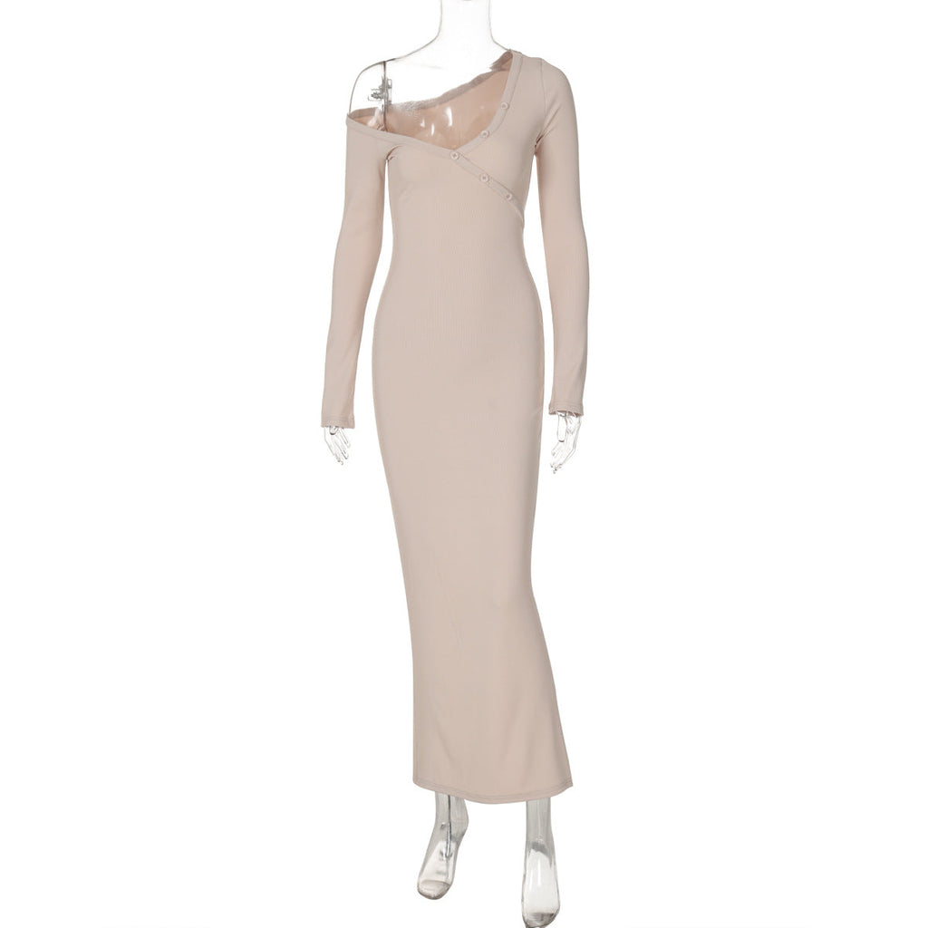 Solid Color Irregular Asymmetric Shoulder Back Slit Maxi Dress