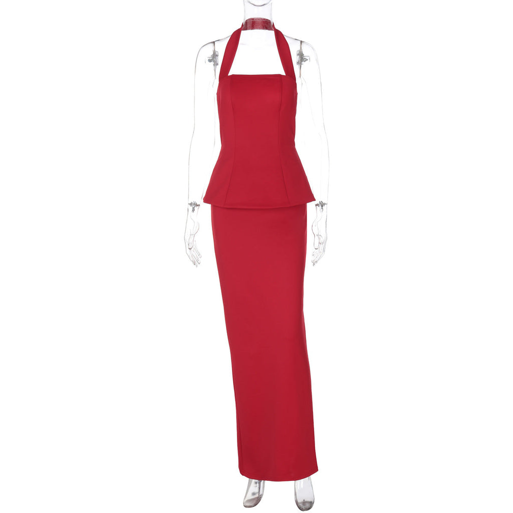 Solid Color Halter Top Backless Slim Fit Maxi Dress Two Piece Set