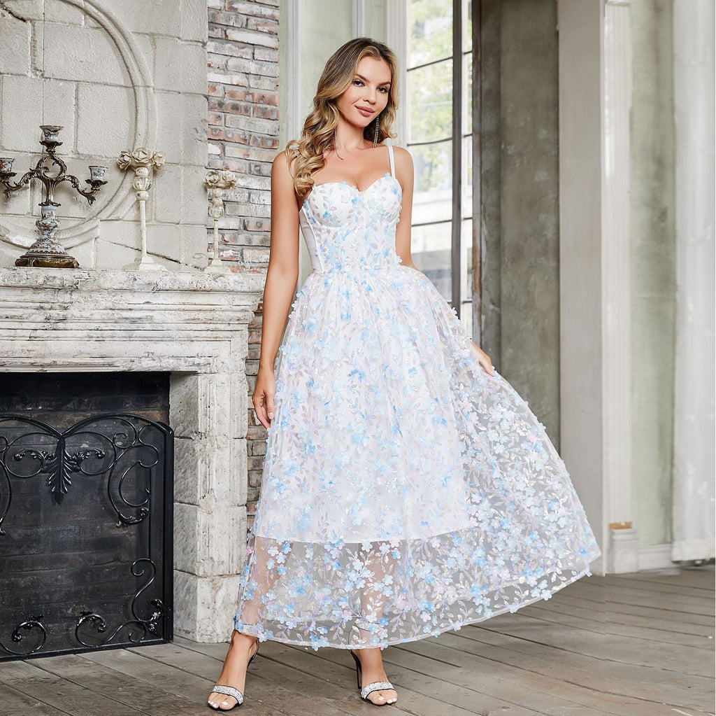 Boning Corset Waist Strap Three Dimensional Floral Fairy Dress Sweet Fresh Maxi Dress