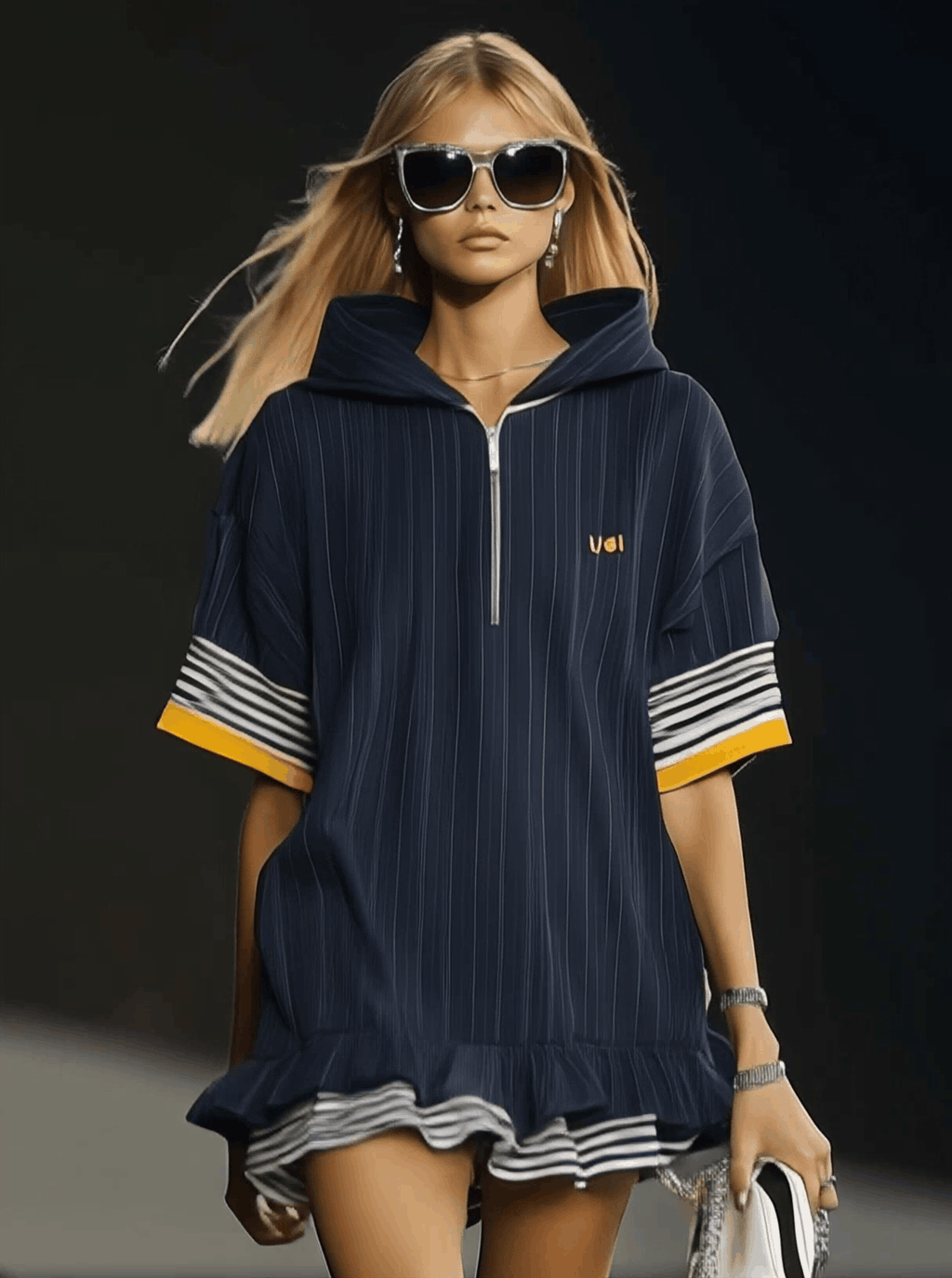 【24-hour shipping out】Casual Ultra-loose Front Zipper Short-sleeved Ruffled Hem Navy Blue Hoodie Style Mini Dress