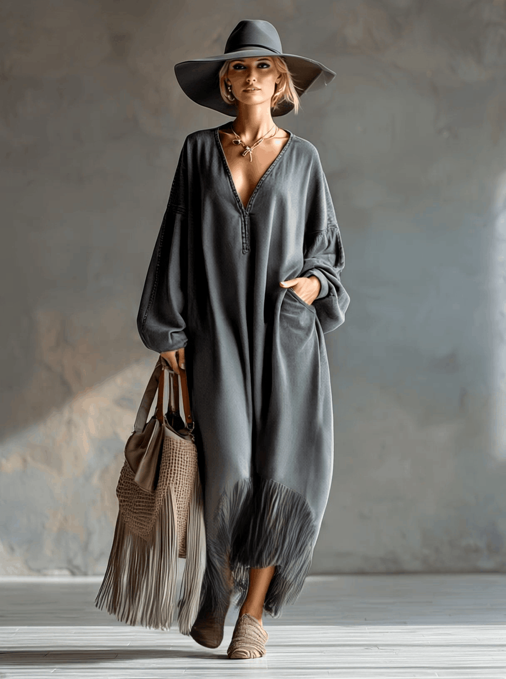 Elegant Silhouette Grey Denim Tassel Long Sleeve Maxi Dress
