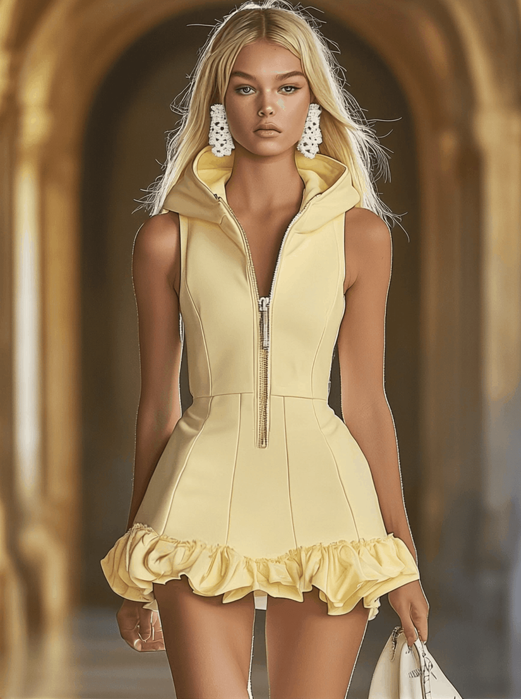 【24-hour shipping out】Fashion Slim Fit Goose Yellow Front Zip Hooded Ruffle Sleeveless Mini Dress