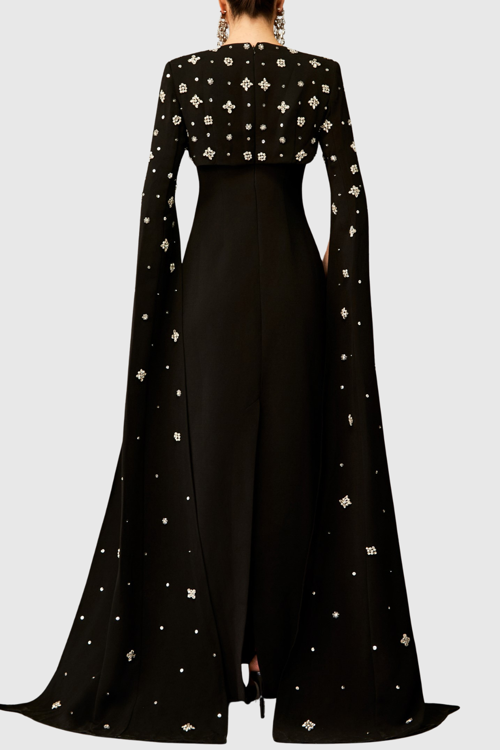 Oslo Crystal Embellished Heart Cutout Cape Sleeve Maxi Dress - Black