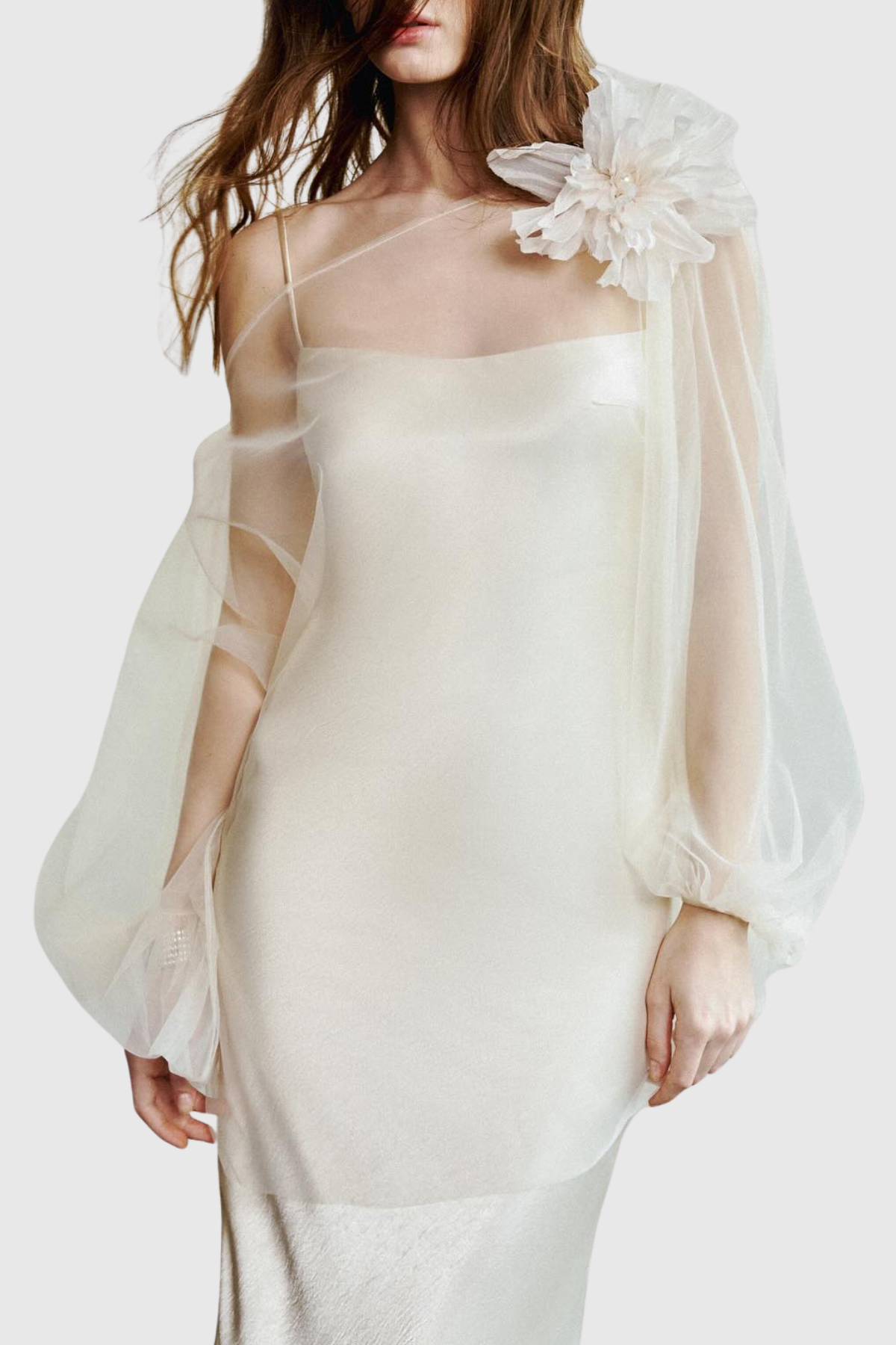 Palmira Floral Tulle Blouse & Satin Maxi Dress Set - Beige