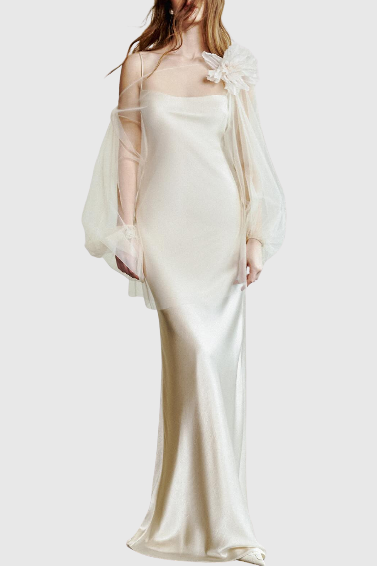 Palmira Floral Tulle Blouse & Satin Maxi Dress Set - Beige