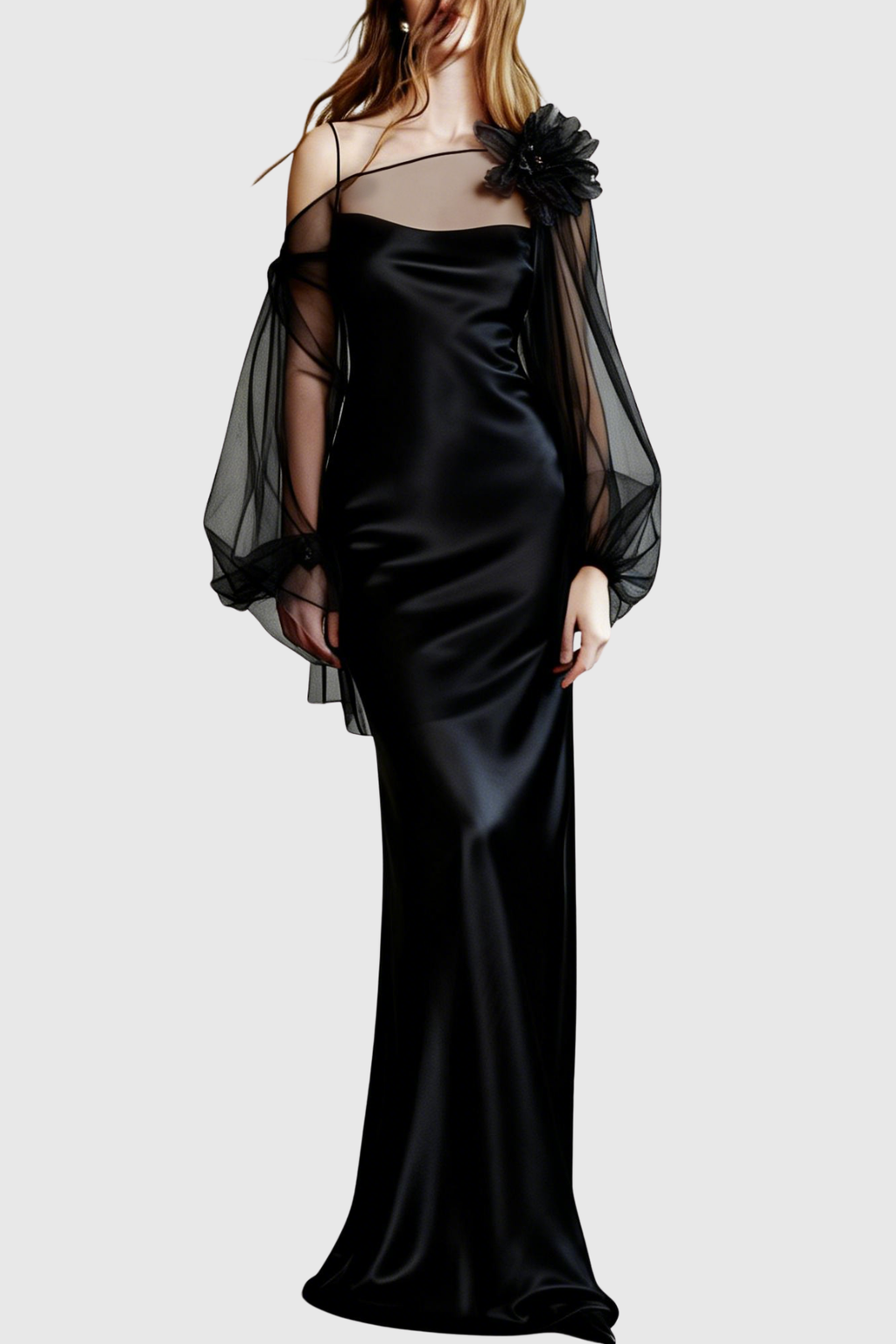 Palmira Floral Tulle Blouse & Satin Maxi Dress Set - Black