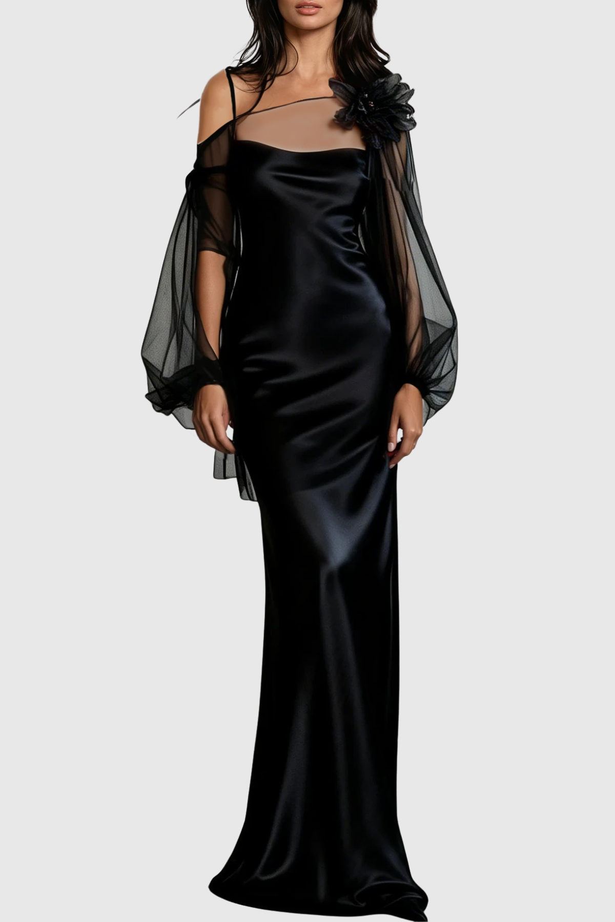 Palmira Floral Tulle Blouse & Satin Maxi Dress Set - Black