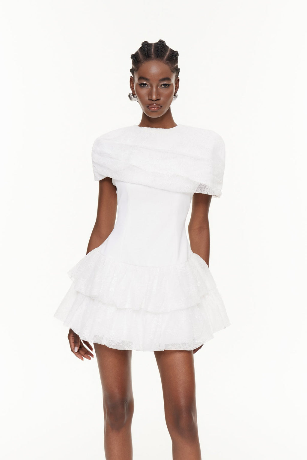 Pexelle Shawl Ruffle Lace Mini Dress