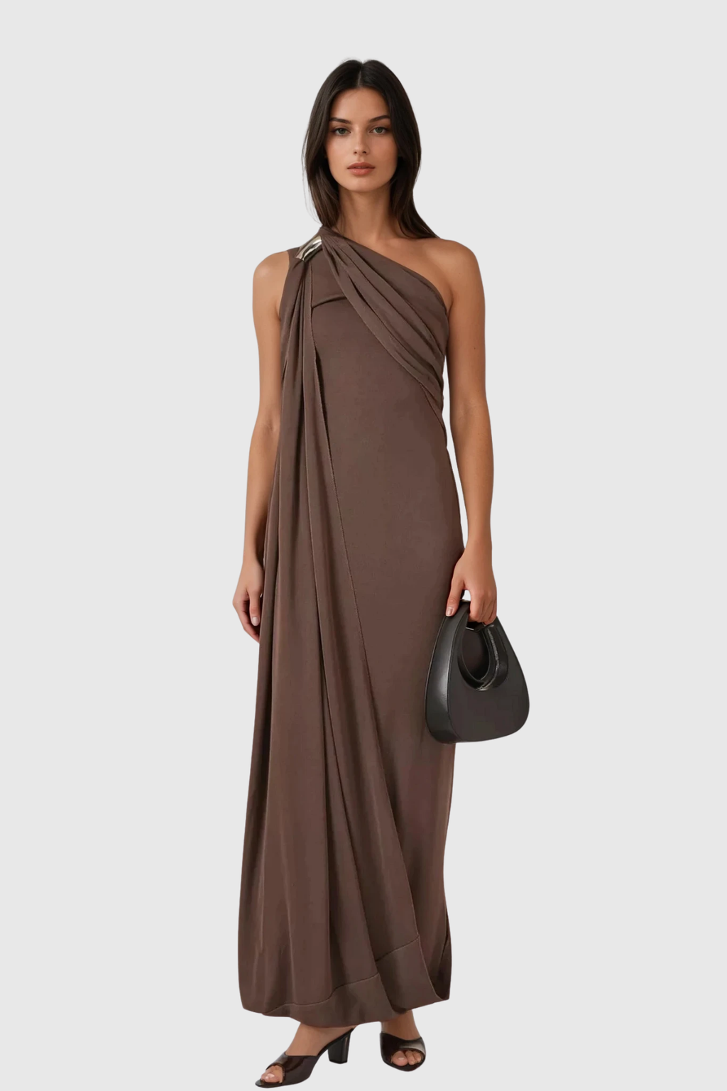 Pryndis One Shoulder Ruch Maxi Dress In Brown