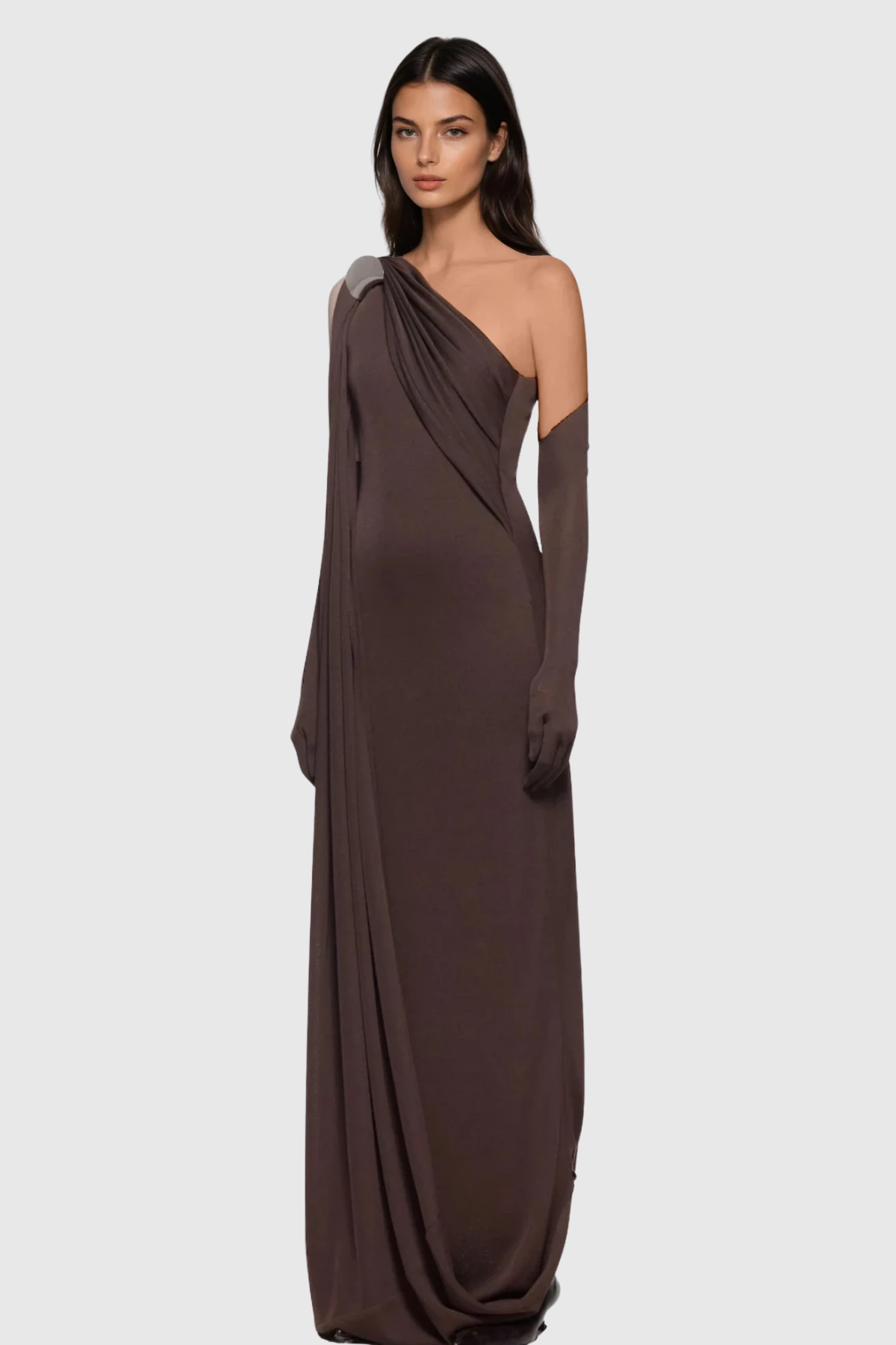 Pryndis One Shoulder Ruch Maxi Dress In Brown