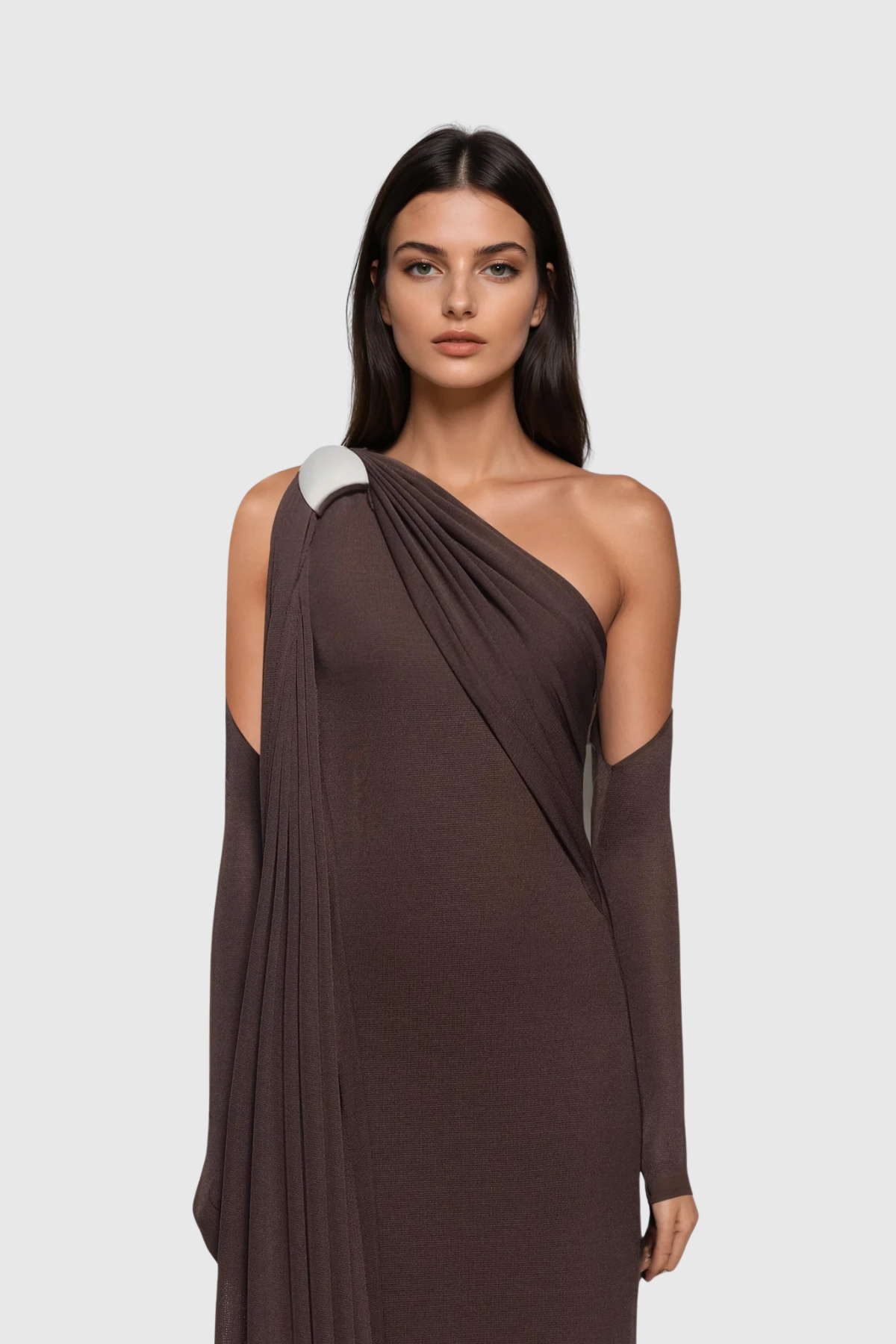 Pryndis One Shoulder Ruch Maxi Dress In Brown
