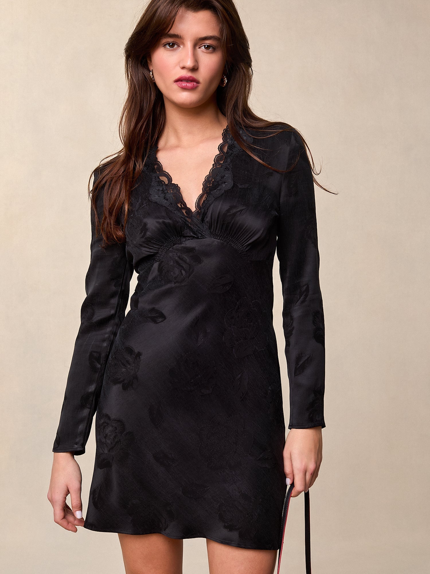 Satin Mini Dress | Lace V-Neck | Long Sleeves